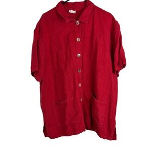 Donna 100% Linen Red Short Sleeve Button Up Shirt Womens 2XL Made in USA